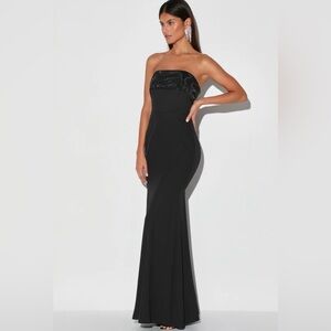 Lulu's Black Strapless Maxi Gown with Lace Appliqué